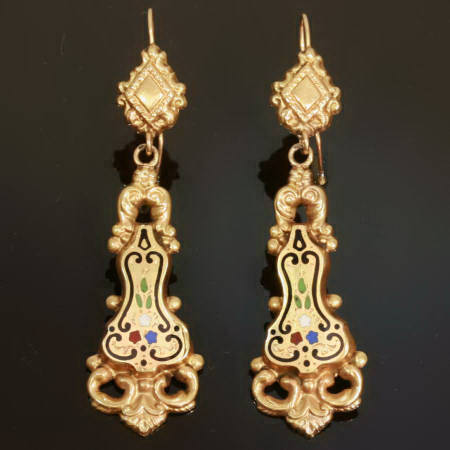 Antique floral enamel dangle earrings yellow gold, Victorian era (image 9 of 11)